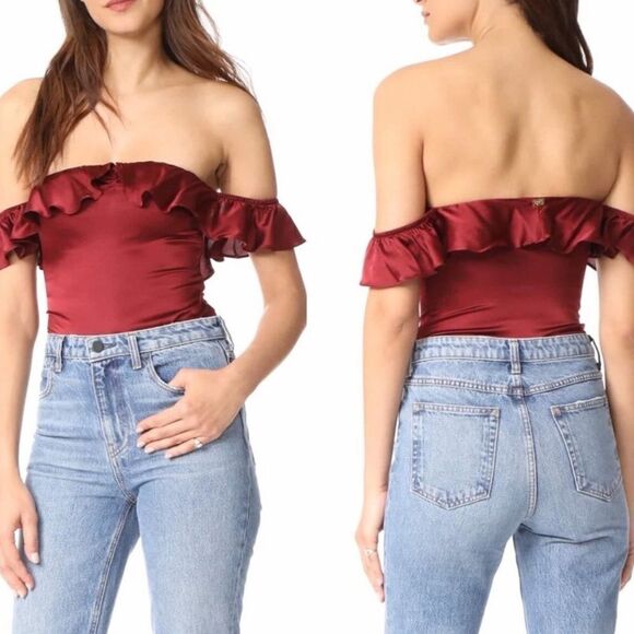 New with Tags For Love and Lemons Red/Burgundy Silk Blend Ruffle Virgo Bodysuit - Picture 1 of 12